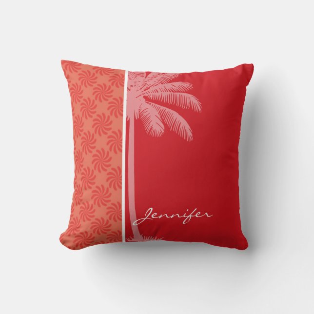 Tropical Coral & Red Swirl Throw Pillow (Front)
