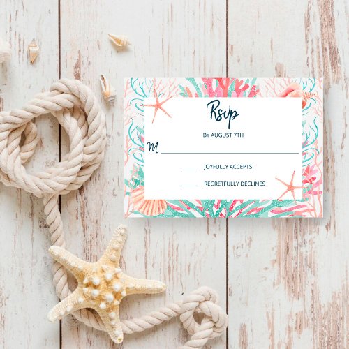 Tropical Coral Reef  Beach Seashells Wedding RSVP Card