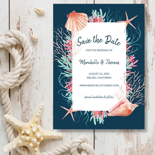 Tropical Coral Reef  Navy Blue Beach Seashells Save The Date