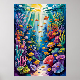 Tropical Coral Reef Watercolor Marine Life Art Poster