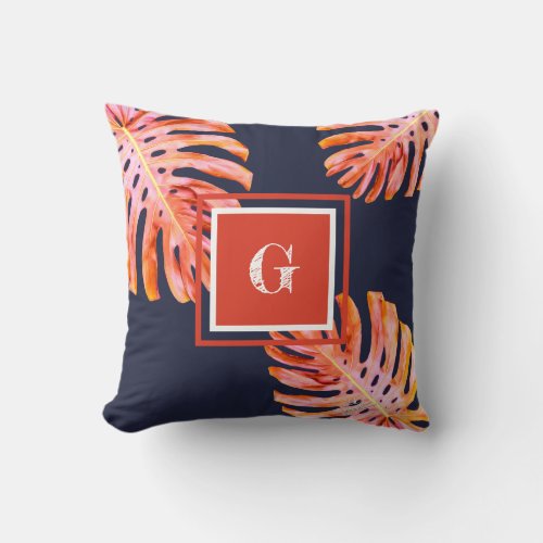 Tropical Coral Rose Gold Orange Navy Blue Leaves Throw Pillow