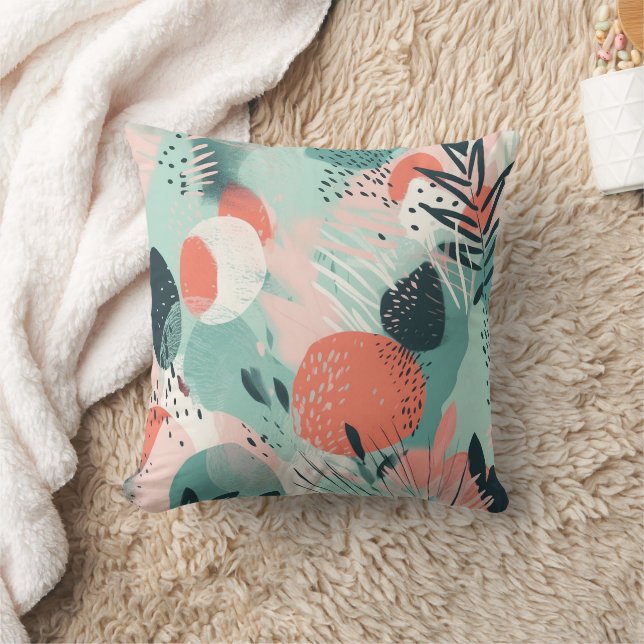 Tropical Coral Teal Mint Pink Modern Throw Pillow (Blanket)