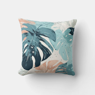 Tropical Coral Teal Pink Leaf Leaves Modern Throw Pillow