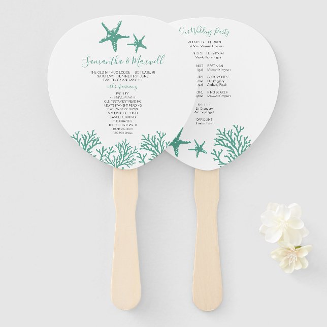 Tropical Coral Wedding Program Fan (Front and Back)