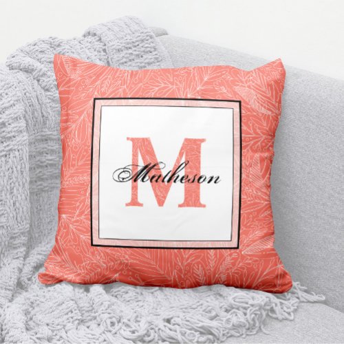 Tropical Coral  White Leaves Patterned Monogram Throw Pillow