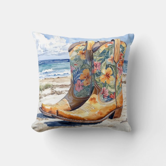 Tropical Cowgirl Boots Western Meets Coastal Throw Pillow (Front)