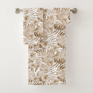 Tropical Cream Floral Leaves Bath Towel Set