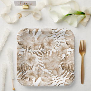 Tropical Cream Floral Leaves Bridal Shower Paper Plates