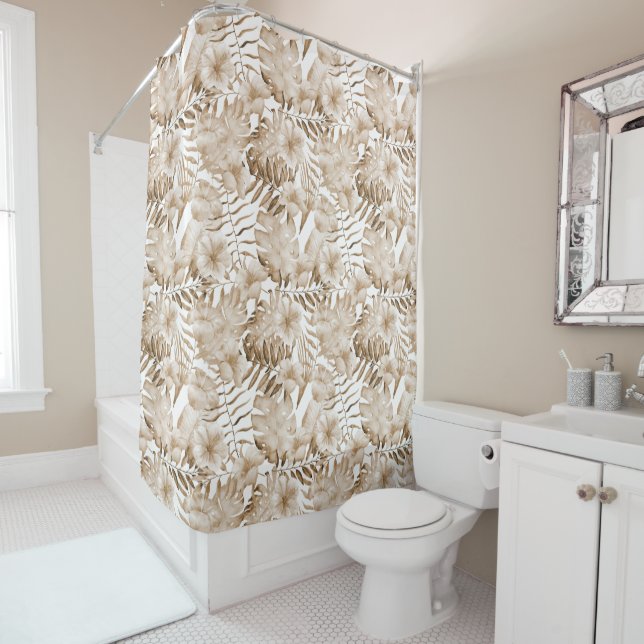 Tropical Cream Floral Leaves   Shower Curtain (In Situ)