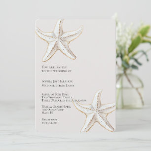 Tropical Cream Gold White Starfish Beach Wedding Invitation