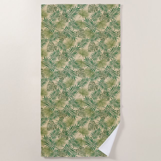 Tropical Cream Green Leaves            Beach Towel (Front)