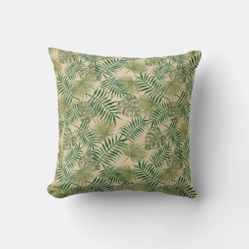 Tropical Cream Green Leaves       Throw Pillow