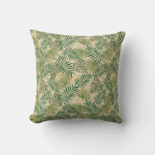 Tropical Cream Green Leaves       Throw Pillow (Front)