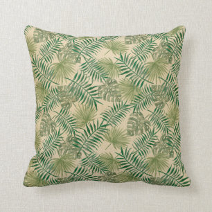 Tropical Cream Green Leaves       Throw Pillow