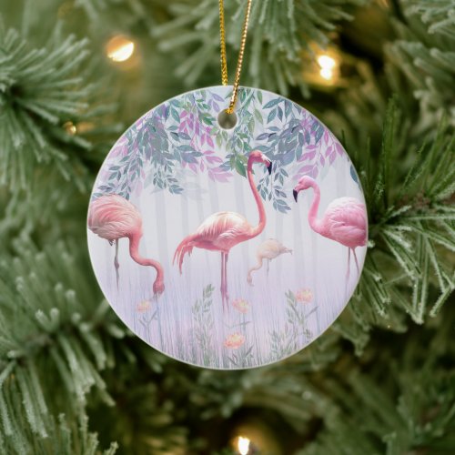 Tropical Cute Family Pink Flamingos Ceramic Ornament