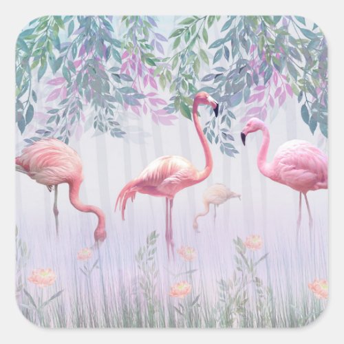 Tropical Cute Family Pink Flamingos Square Sticker