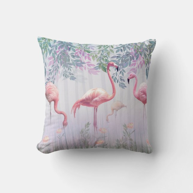 Tropical Cute Family Pink Flamingos Throw Pillow (Front)