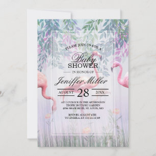 Tropical Cute Family Pink Flamingos Watercolor. Invitation