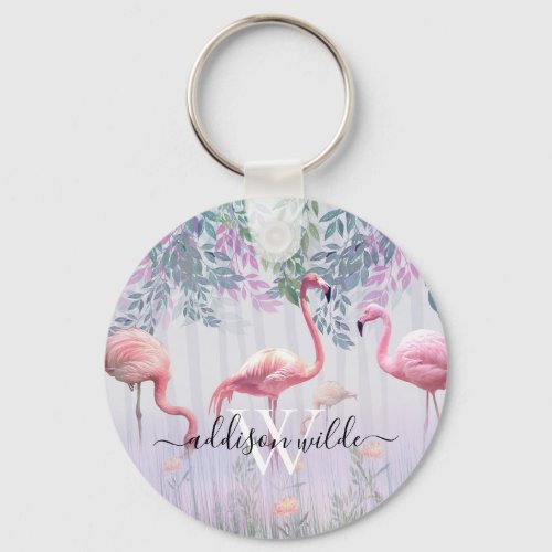 Tropical Cute Family Pink Flamingos  Watercolor   Keychain