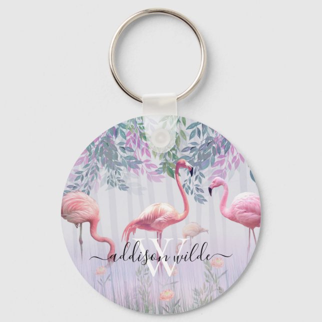Tropical Cute Family Pink Flamingos  Watercolor.   Keychain (Front)