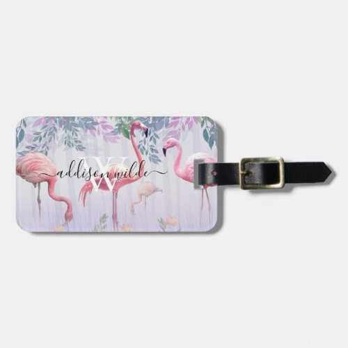 Tropical Cute Family Pink Flamingos  Watercolor  Luggage Tag