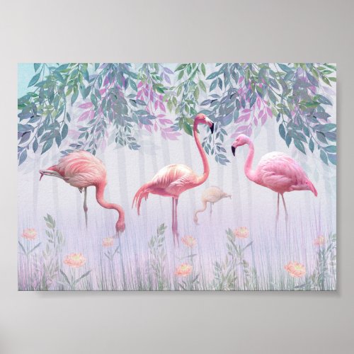 Tropical Cute Family Pink Flamingos  Watercolor   Poster