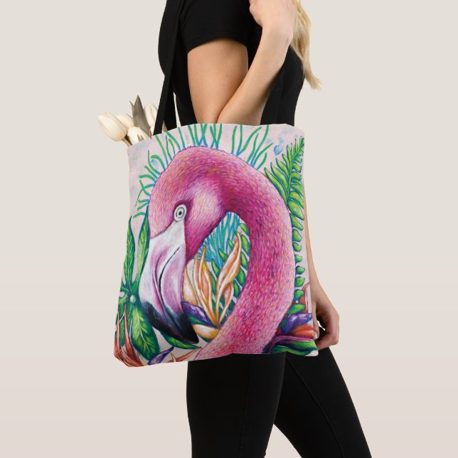 Tropical Cute Floral Pink Flamingo Tote Bag (Close Up)