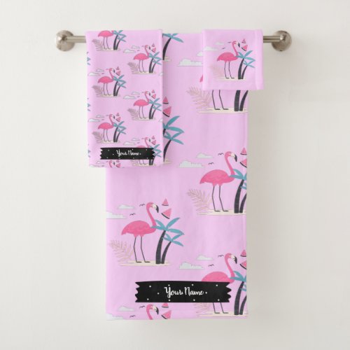 Tropical Cute funny flamingo watercolor pattern Ba Bath Towel Set