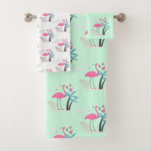 Tropical Cute funny flamingo watercolor pattern Bath Towel Set
