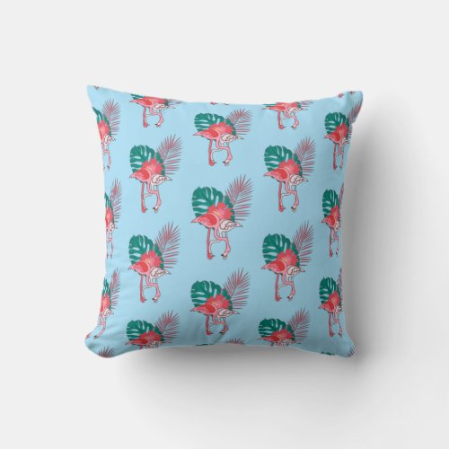 Tropical Cute funny flamingo watercolor pattern Th Throw Pillow