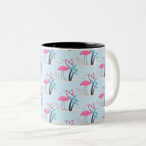 Tropical Cute funny flamingo watercolor pattern Two_Tone Coffee Mug