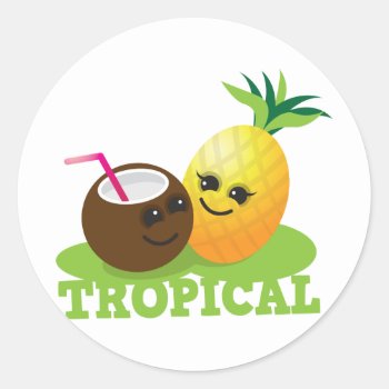 Tropical Cute Kawaii Coconut And Pineapple Classic Round Sticker by JazzyDesigner at Zazzle