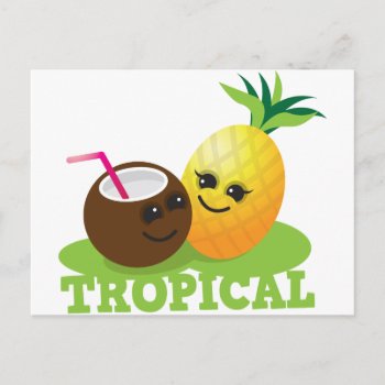 Tropical Cute Kawaii Coconut And Pineapple Postcard by JazzyDesigner at Zazzle