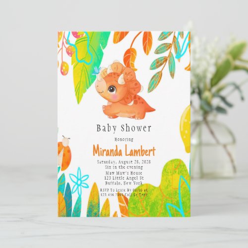 Tropical Cute Orange Dinosaur Baby Shower Invitati Invitation