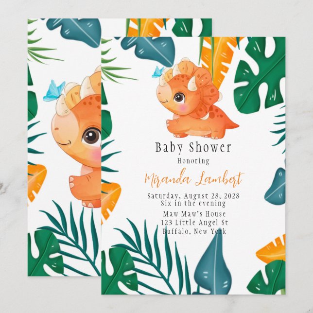 Tropical Cute Orange Dinosaur Baby Shower Invitation (Front/Back)