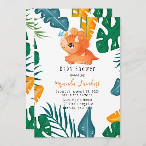 Tropical Cute Orange Dinosaur Baby Shower Invitation