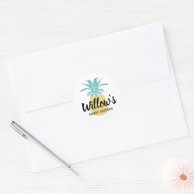 Tropical cute Pineapple Luau Birthday Party Classic Round Sticker (Envelope)