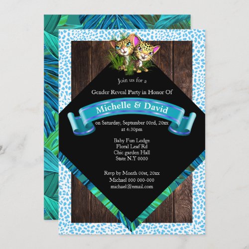 Tropical cute safari animal print rustic wood invitation