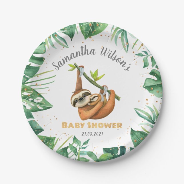 Tropical Cute Sloth Baby Shower  Paper Plates (Front)