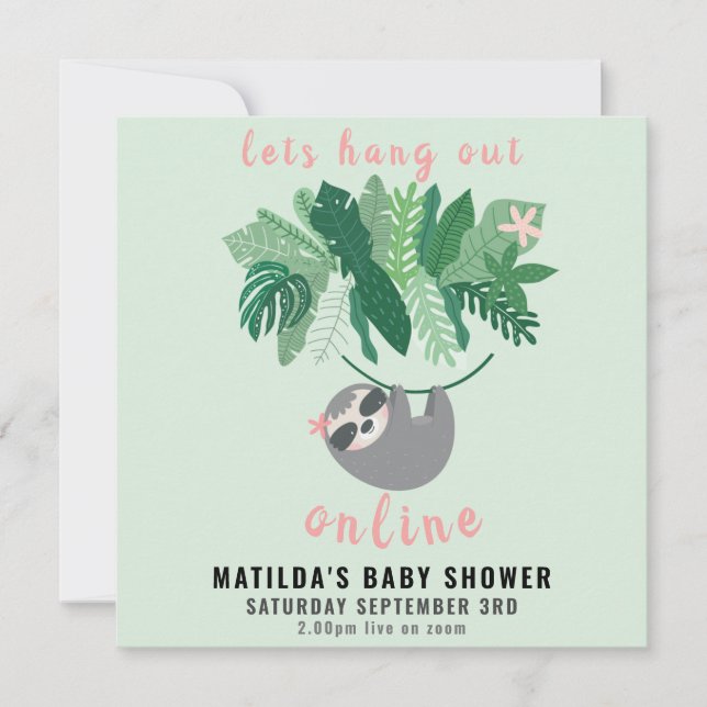 Tropical cute sloth hang out online baby shower card (Front)