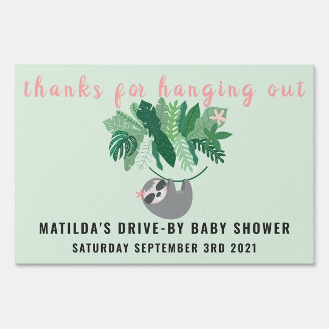 Tropical cute sloth hang out online baby shower sign (Front)
