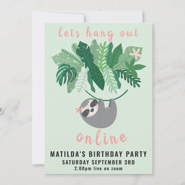 Tropical cute sloth hang out online birthday party invitation (Front)
