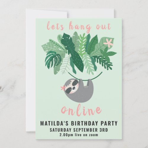 Tropical cute sloth hang out online birthday party invitation