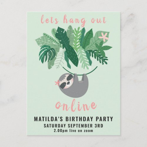 Tropical cute sloth hang out online birthday party postcard