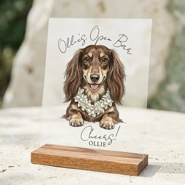 Tropical Dachshund Wedding Drinks On Me Acrylic Sign (Tropical Dachshund Wedding Drinks On Me Acrylic Sign)