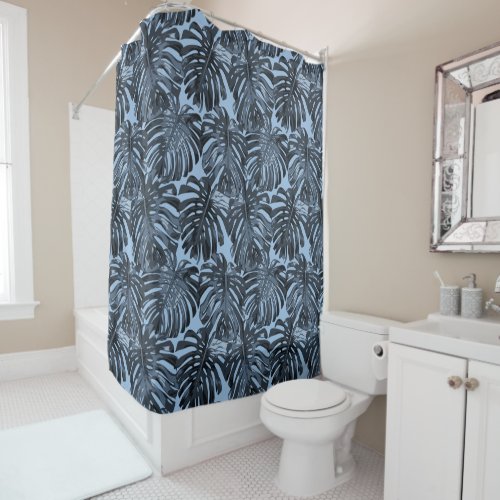 Tropical Dark Blue Black Jungle Leaves Shower Curtain