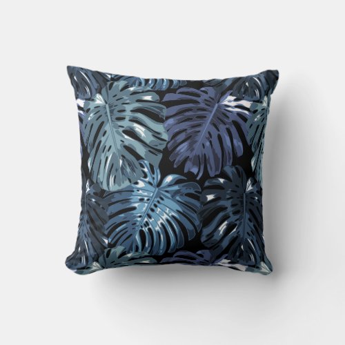 Tropical Dark Blue Black Monstera Jungle Leaves Throw Pillow