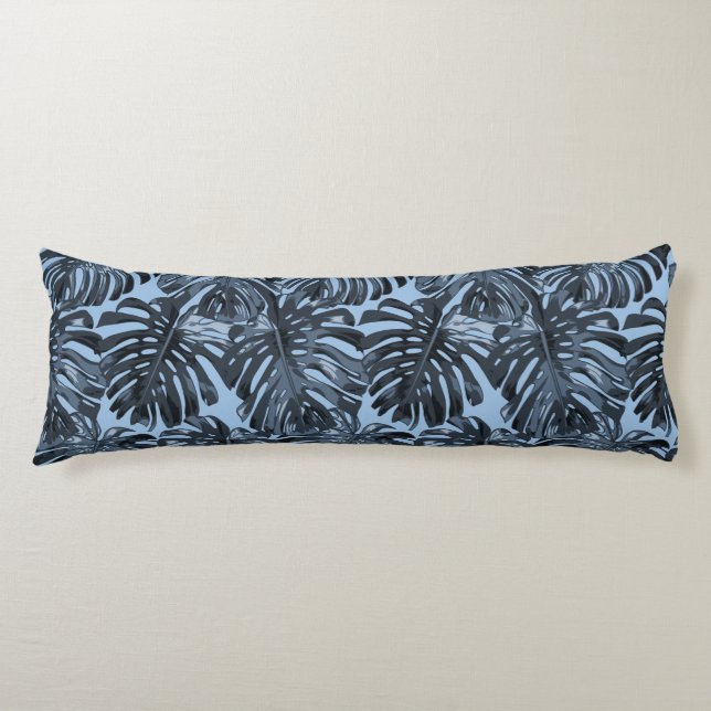 Tropical Dark Blue Jungle Leaves Pattern Body Pillow (Front)