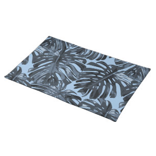 Tropical Dark Blue Monstera Jungle Leaves Cloth Placemat