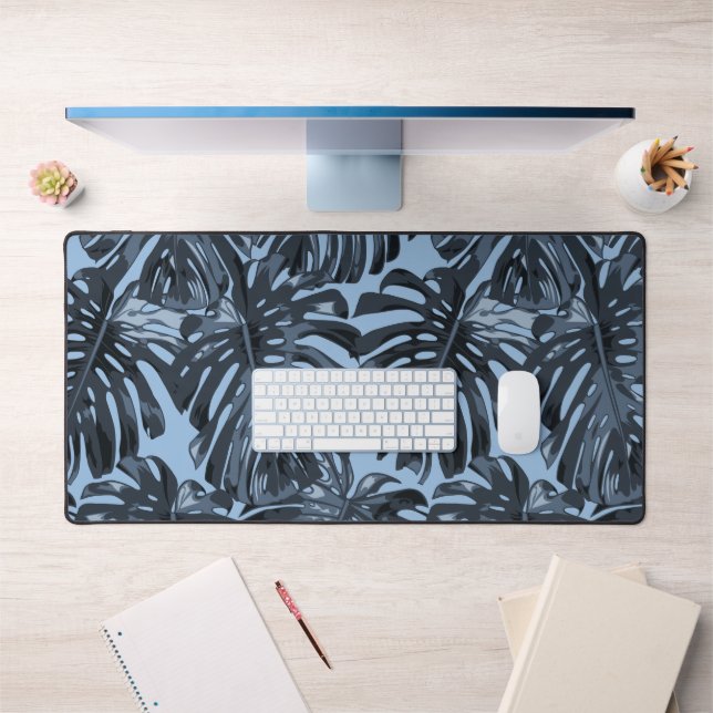 Tropical Dark Blue Monstera Jungle Leaves  Desk Mat (Office 1)